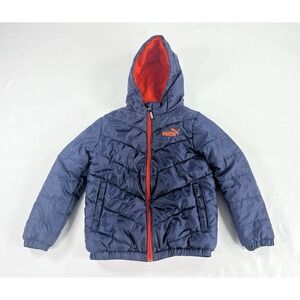 Puma Boys Puffer Jacket‎ Size Small 8 Navy Blue Orange Fleece Lined Hooded Coat